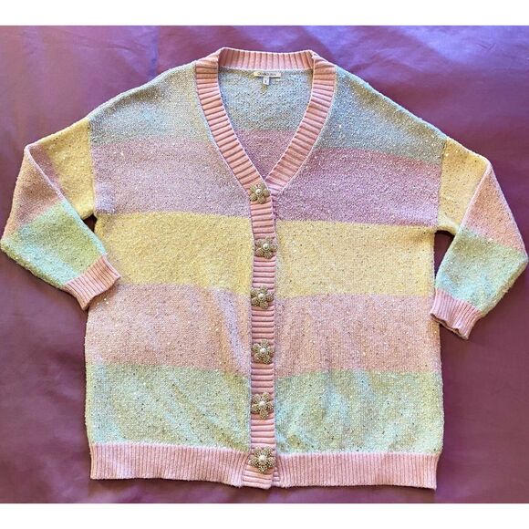 Olivia‎ Rubin Mika Pastel Rainbow Stripe Sequins Oversized Cardigan Sz Small - Picture 1 of 9